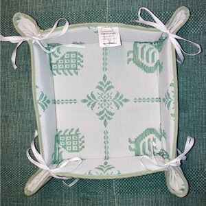 Green & Cream Tied Corner Bread Basket Sardinia Italy Floral Rooster Bird new